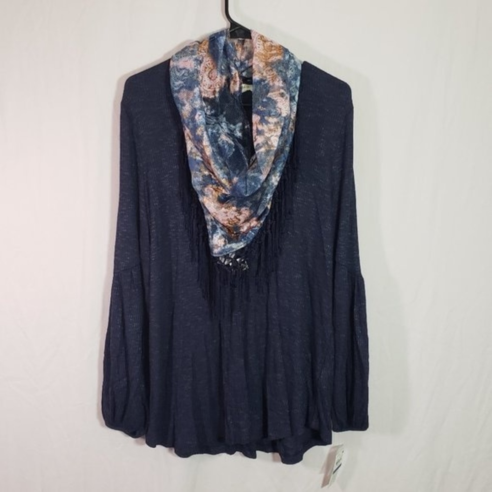Style & Co Navy Tassel Trim Scarf Top XL Women’s Casual Blouse